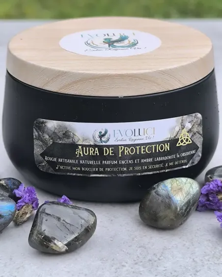 Bougie Parfumée Aura de Protection Artisanale, Pierres & Sauge blanche