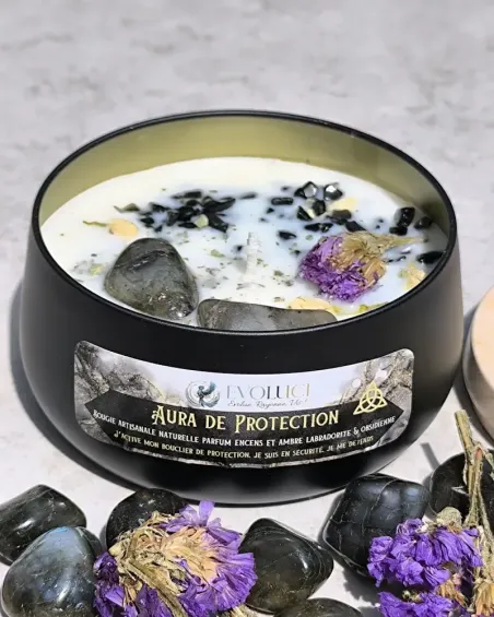 Bougie Parfumée Aura de Protection Artisanale, Pierres & Sauge blanche