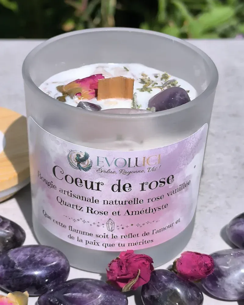 Bougie parfumée artisanale Cœur de Rose Amour, guérison et bien-être