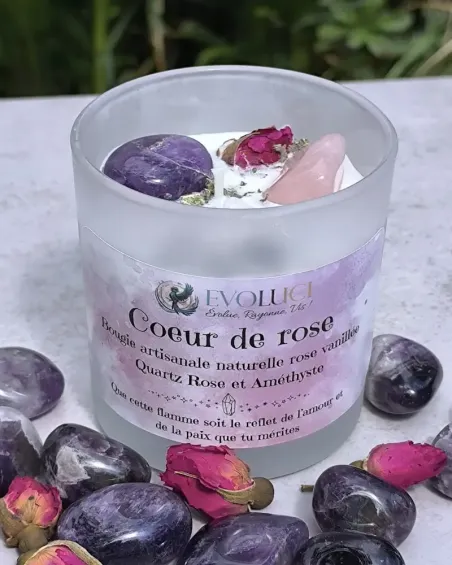 Bougie parfumée artisanale Cœur de Rose Amour, guérison et bien-être